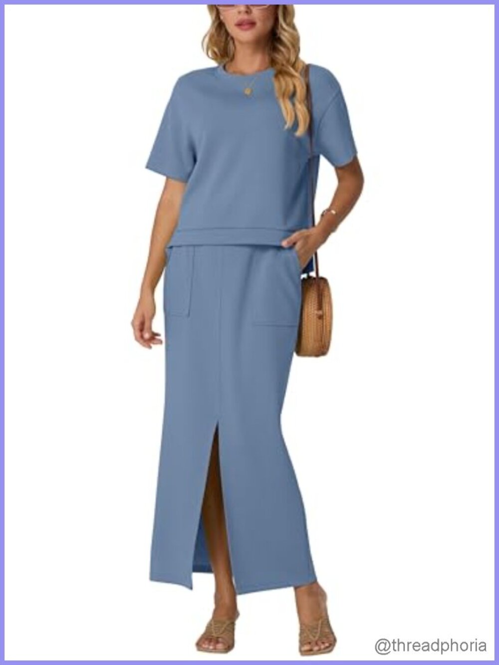 Women's 2 Piece Skirt Set Wrinkle-Free Short Sleeve Top Maxi Skirt with Pockets